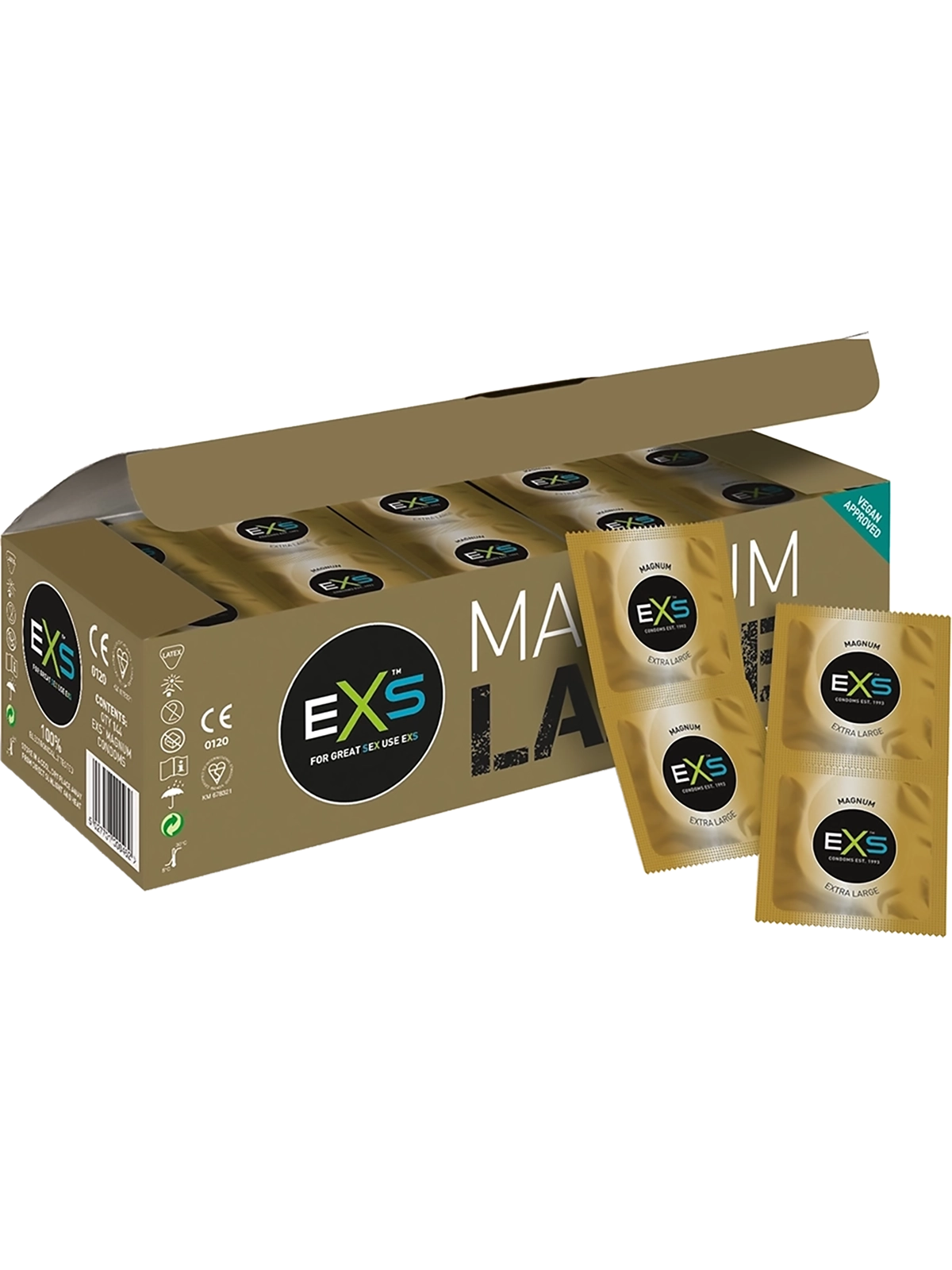 A bronze colored box of 144 EXS Magnum condoms