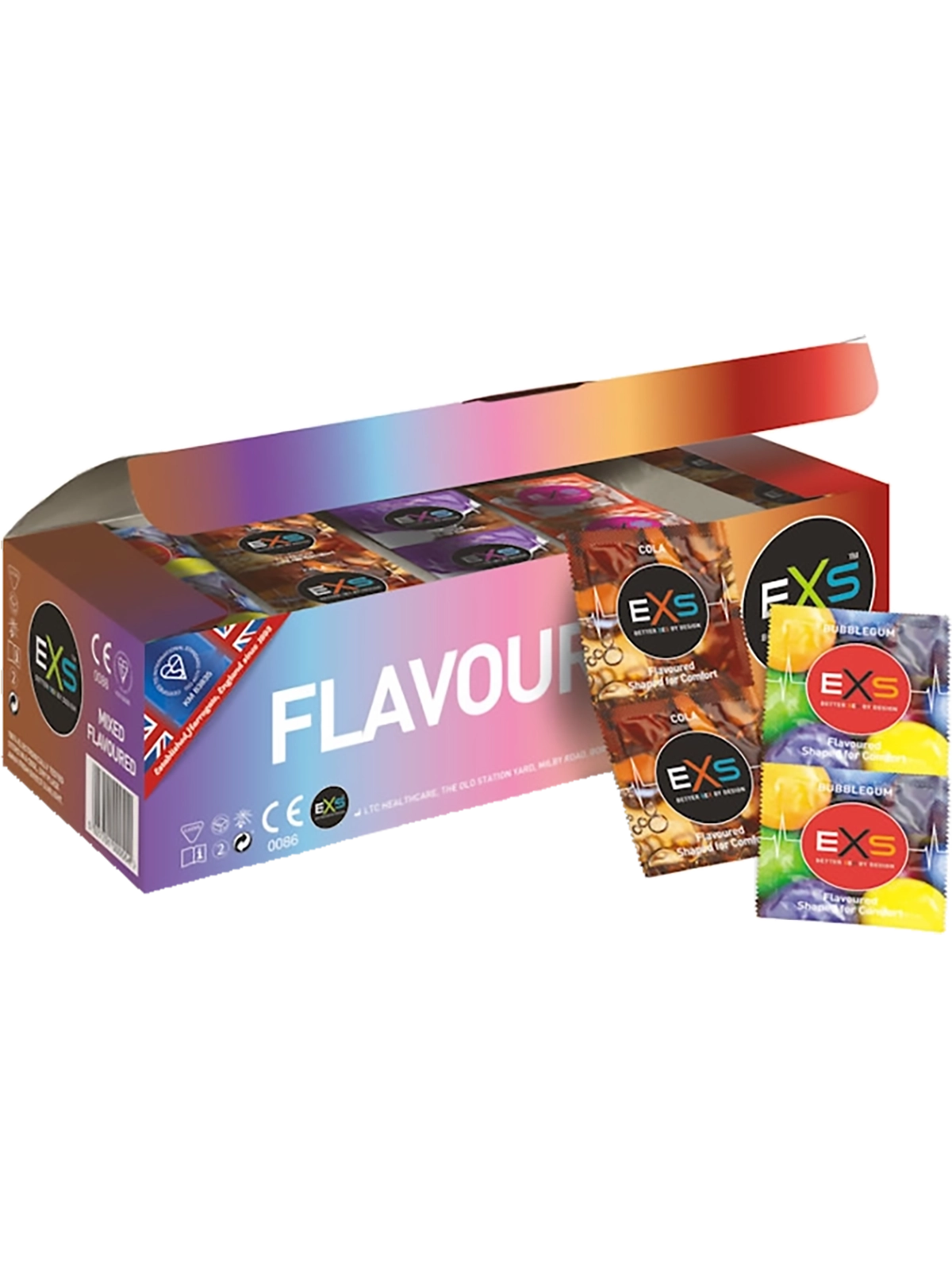 A purple box of 144 EXS Mixed Flavored condoms