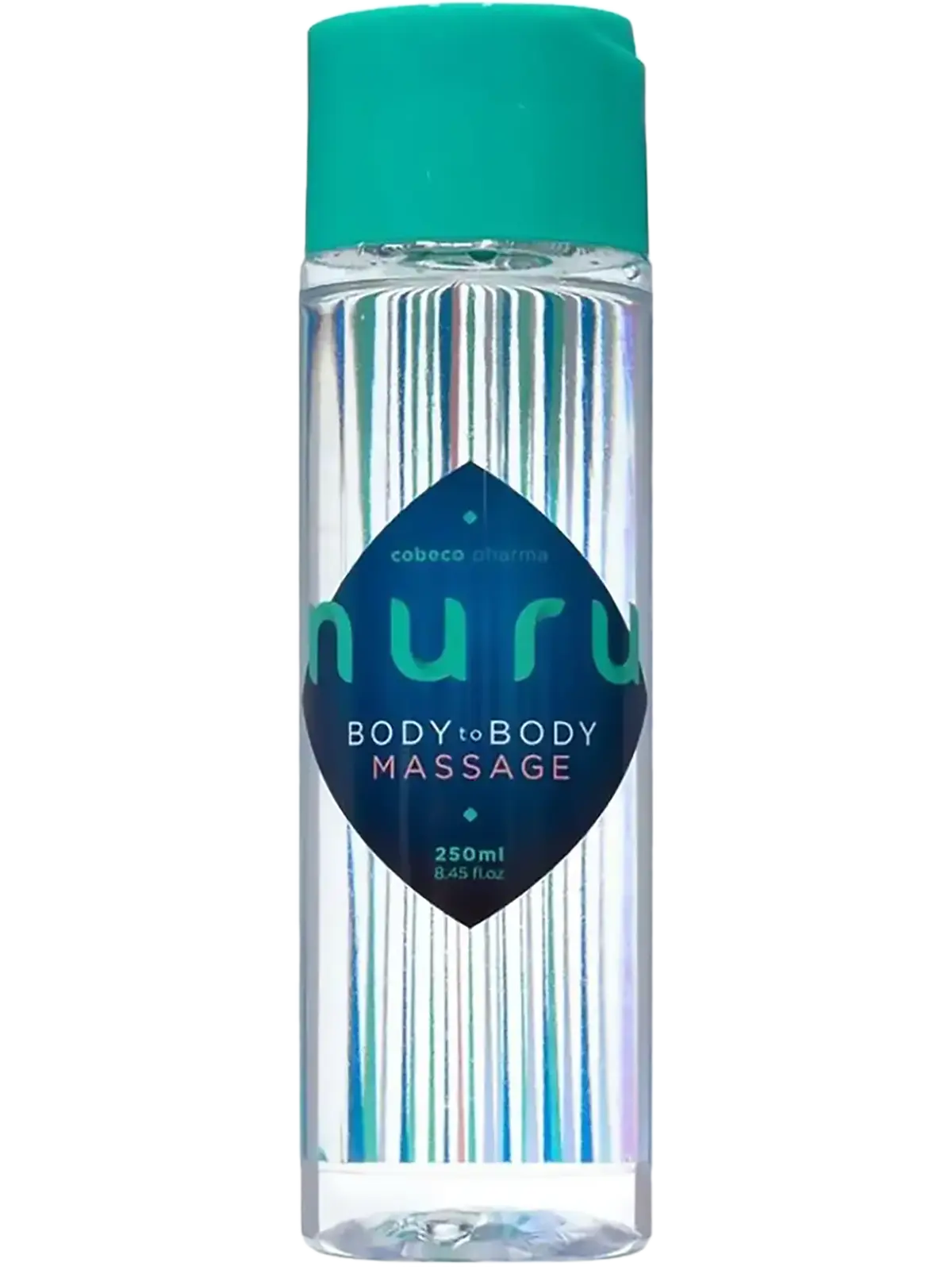 A transparent bottle of Nuru Gel with green cap