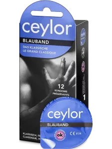 A pack of 12 Ceylor Blauband condoms